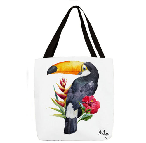 Toucan with Tropical Flowers Tote - Artzi Prints